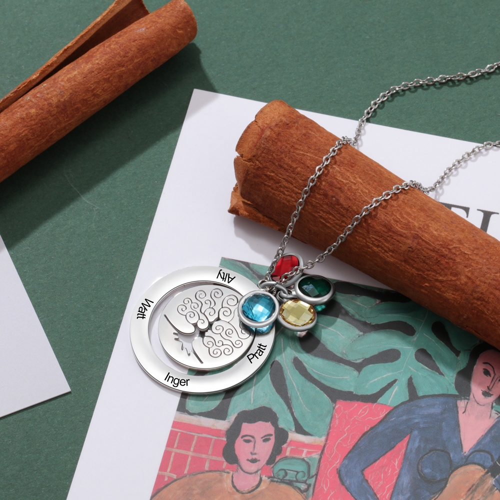 Personalised Family Tree Necklace with 3 Birthstones Engraved Names Gift For Women-Jessemade AU