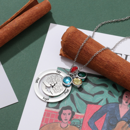 Personalised Family Tree Necklace with 3 Birthstones Engraved Names Gift For Women-Jessemade AU