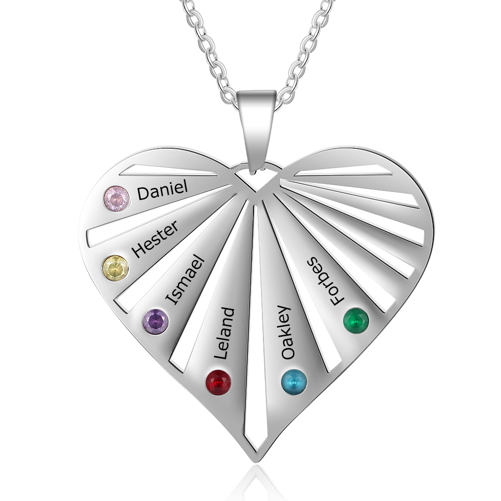Personalised Heart Necklace With 6 Birthstones Engraved Names Gift For Her-Jessemade AU