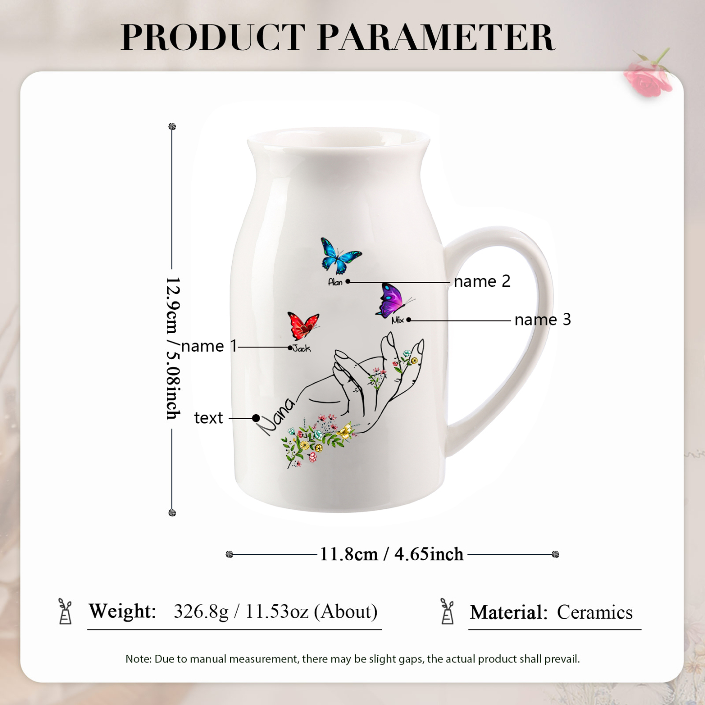 Personalised Ceramic Flower Vase Custom 2–8 Names & 1 Text Butterfly In Hand Vase Gift for Mother/Grandma-Jessemade AU