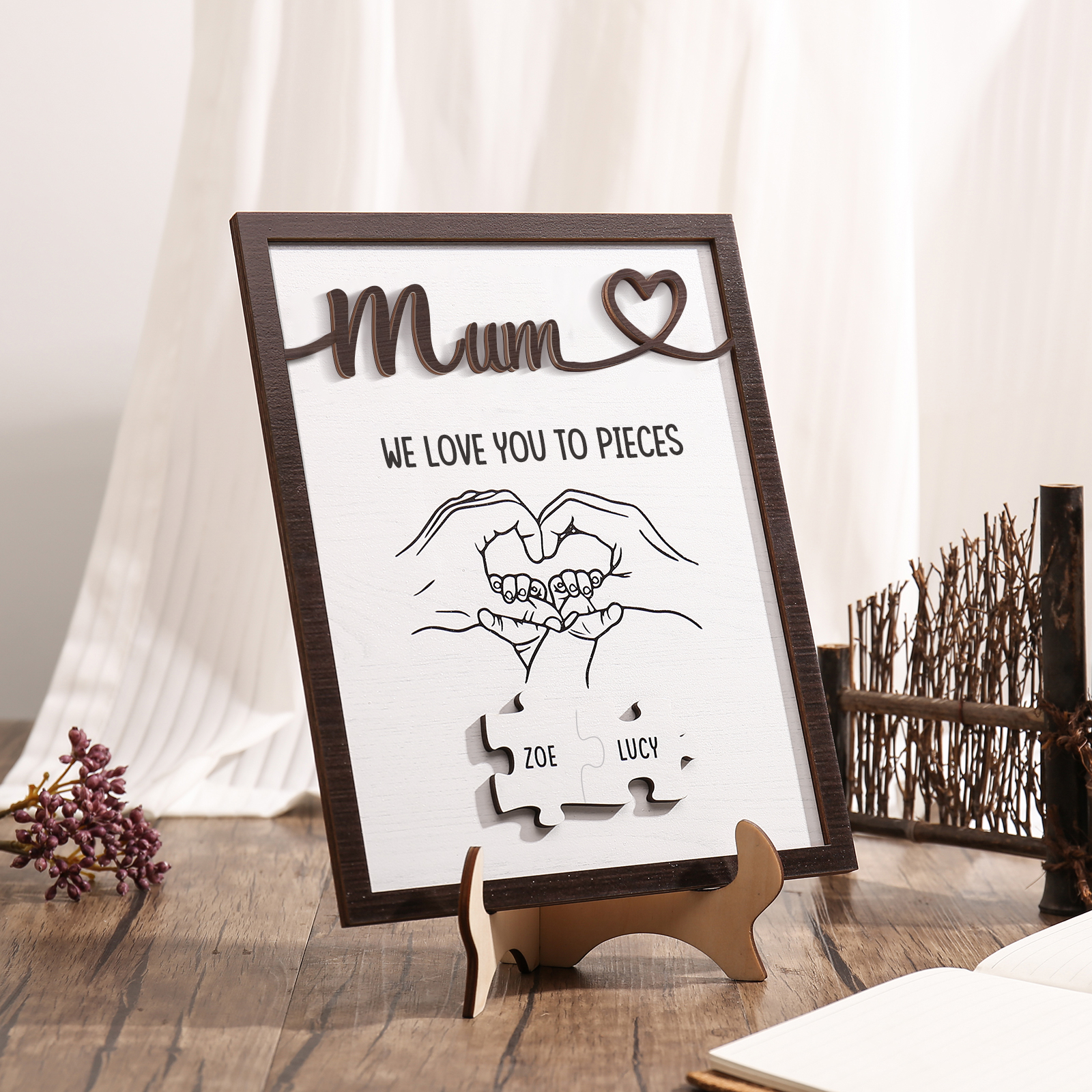 Personalised Puzzle Pieces Wooden Plaque Custom 2 Names & Text & Salutation Holding Hands Family Wooden Sign With Stand Gifts for Mum-Jessemade AU