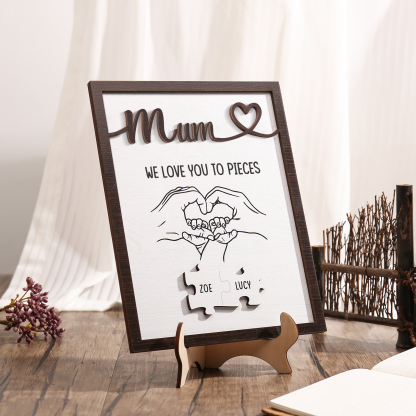 Personalised Puzzle Pieces Wooden Plaque Custom 2 Names & Text & Salutation Holding Hands Family Wooden Sign With Stand Gifts for Mum-Jessemade AU