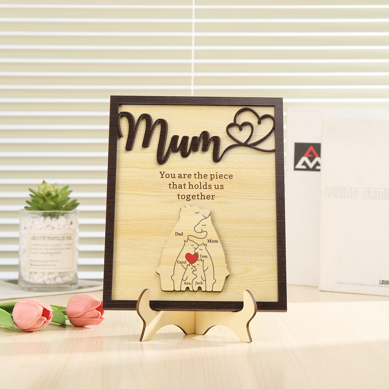 Personalised Bear Puzzle Pieces Wooden Plaque Custom 6 Names Family Ornament With Stand Gifts for Mum - You Are The Piece That Holds Us Together-Jessemade AU