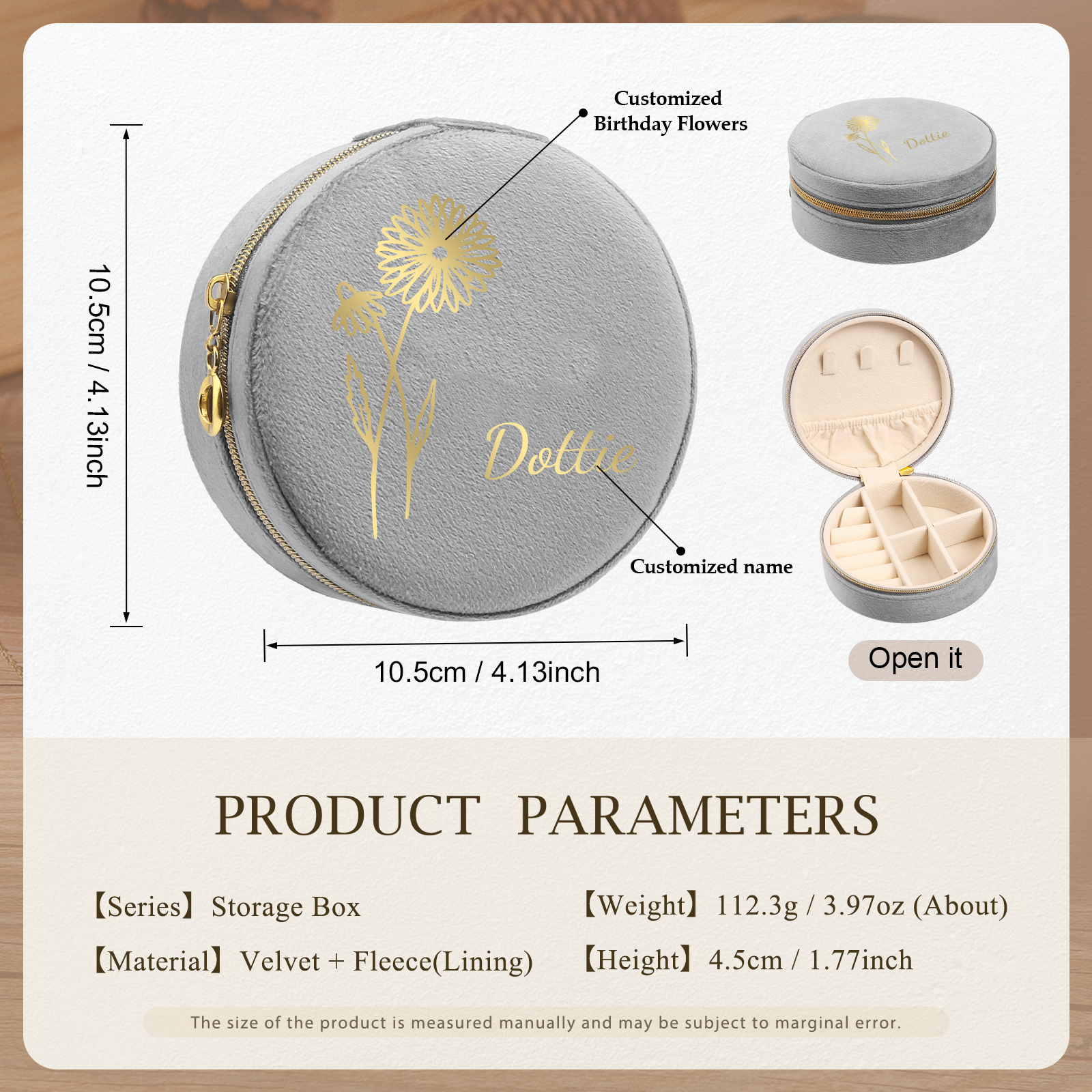 Personalised Name Jewelry Storage Box Custom Birth Flower Travel Jewelry Box Circle Box Gifts for Her-Jessemade AU