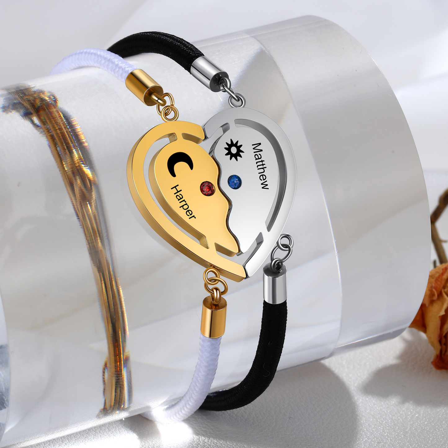 Valentine's Day Sun and Moon Magnetic Heart Bracelet with Birthstones Couple Bracelet Set-Jessemade AU