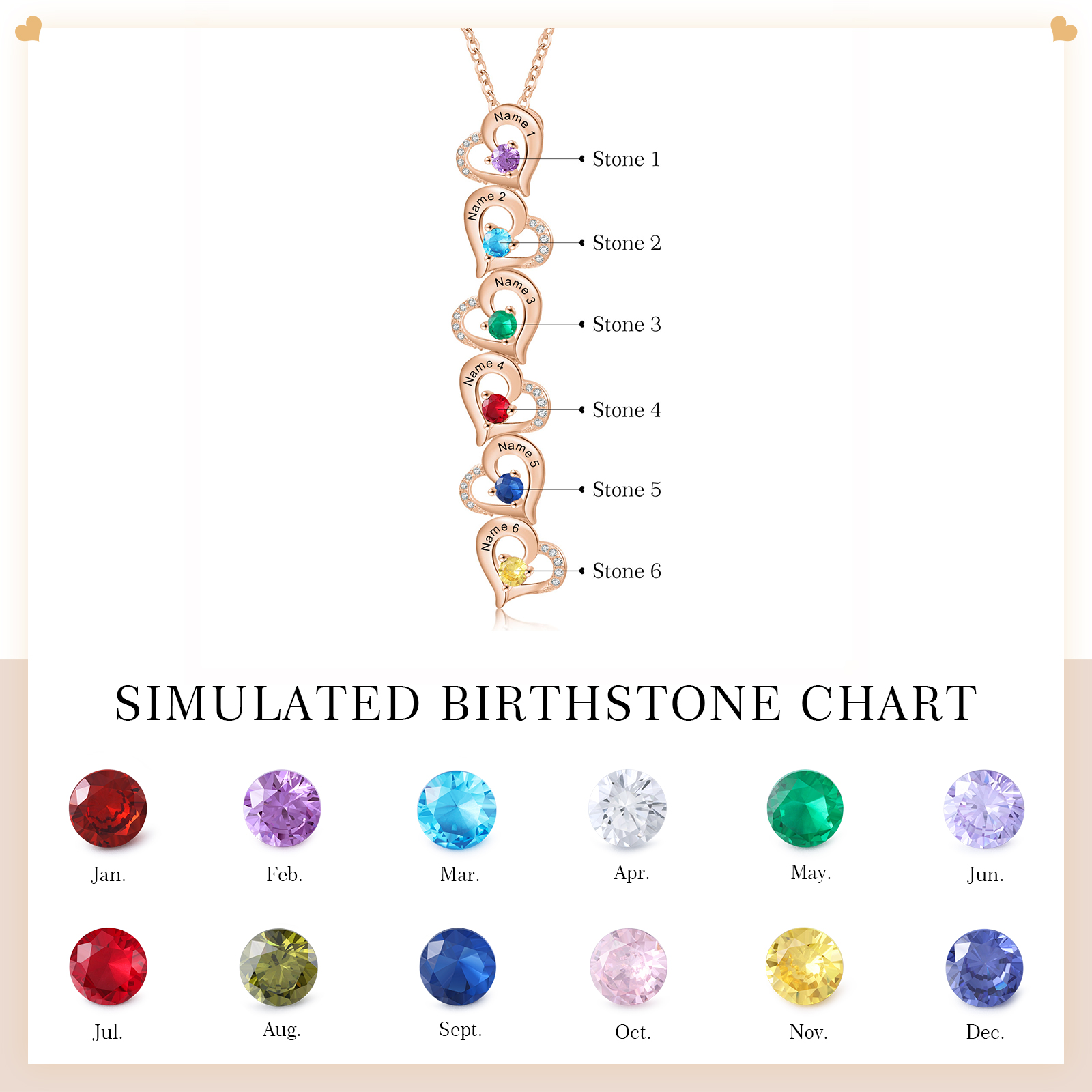 6 Names - Personalised Heart Pendant Necklace Custom Birthstones & Names Necklace Birthday Gift for Her -Jessemade AU