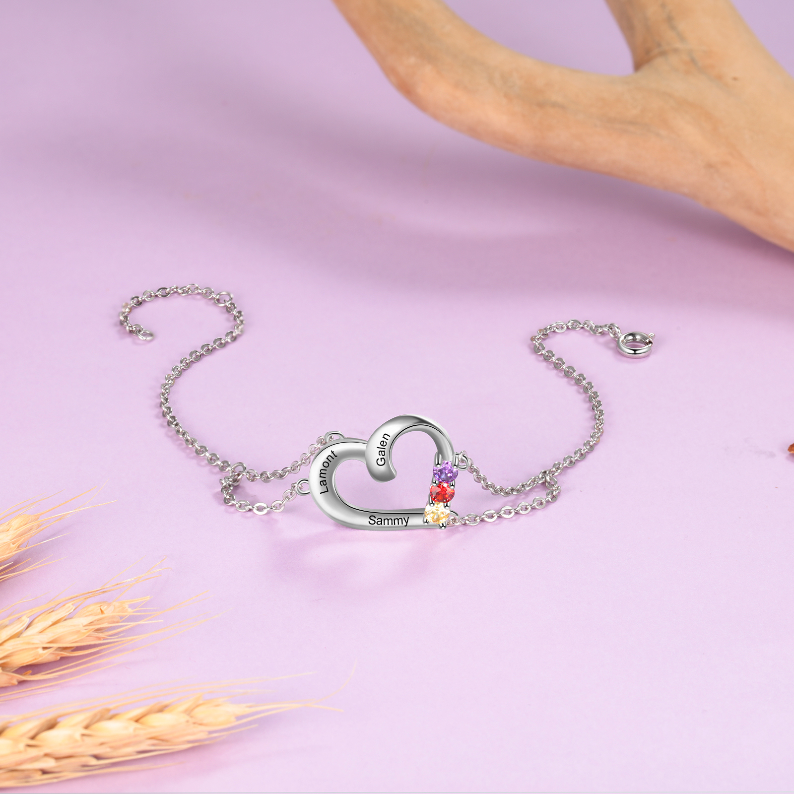 Personalised Heart Bracelet With 3 Birthstones Engraved Names Gift For Women-Jessemade AU