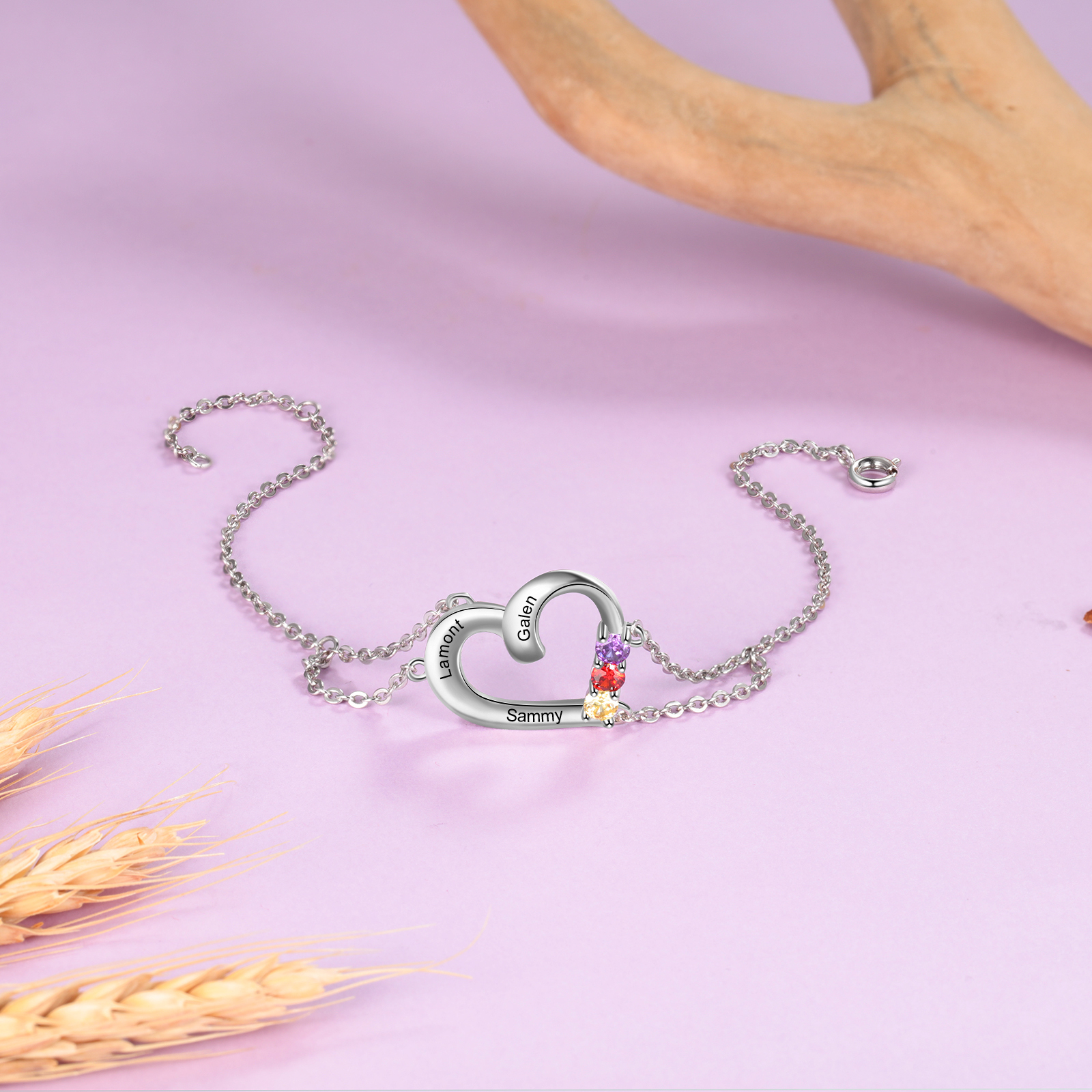 Personalised Heart Bracelet With 3 Birthstones Engraved Names Gift For Women-Jessemade AU