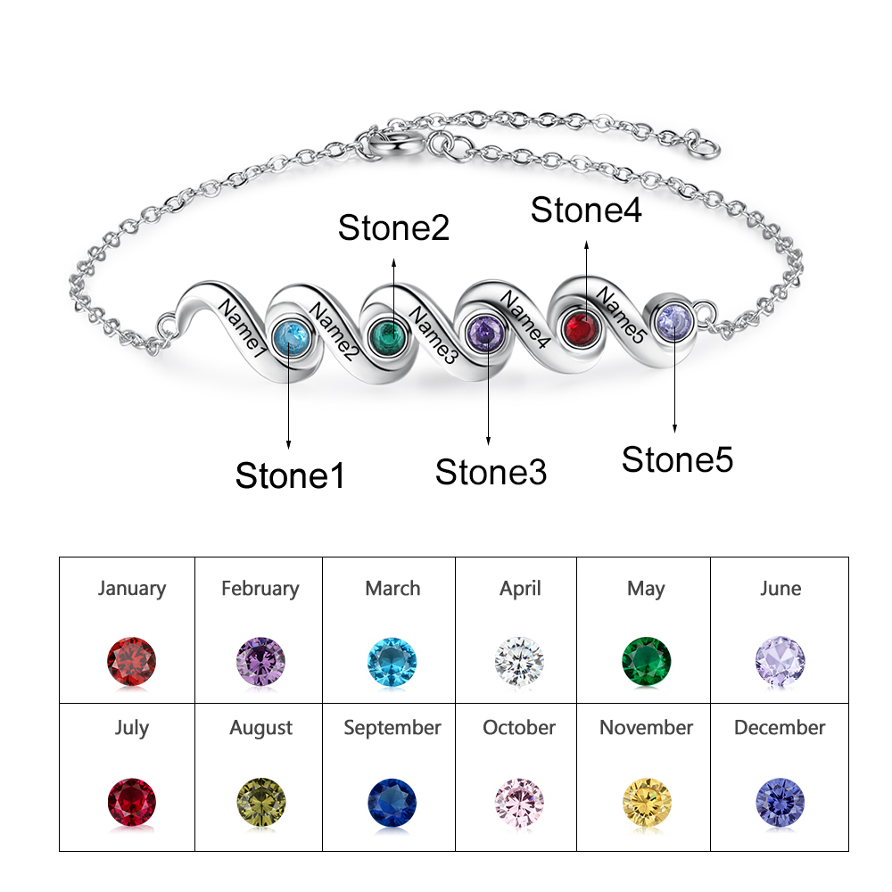 Personalised Bracelet With 5 Birthstones Engraved Names Bracelet Gift For Women-Jessemade AU