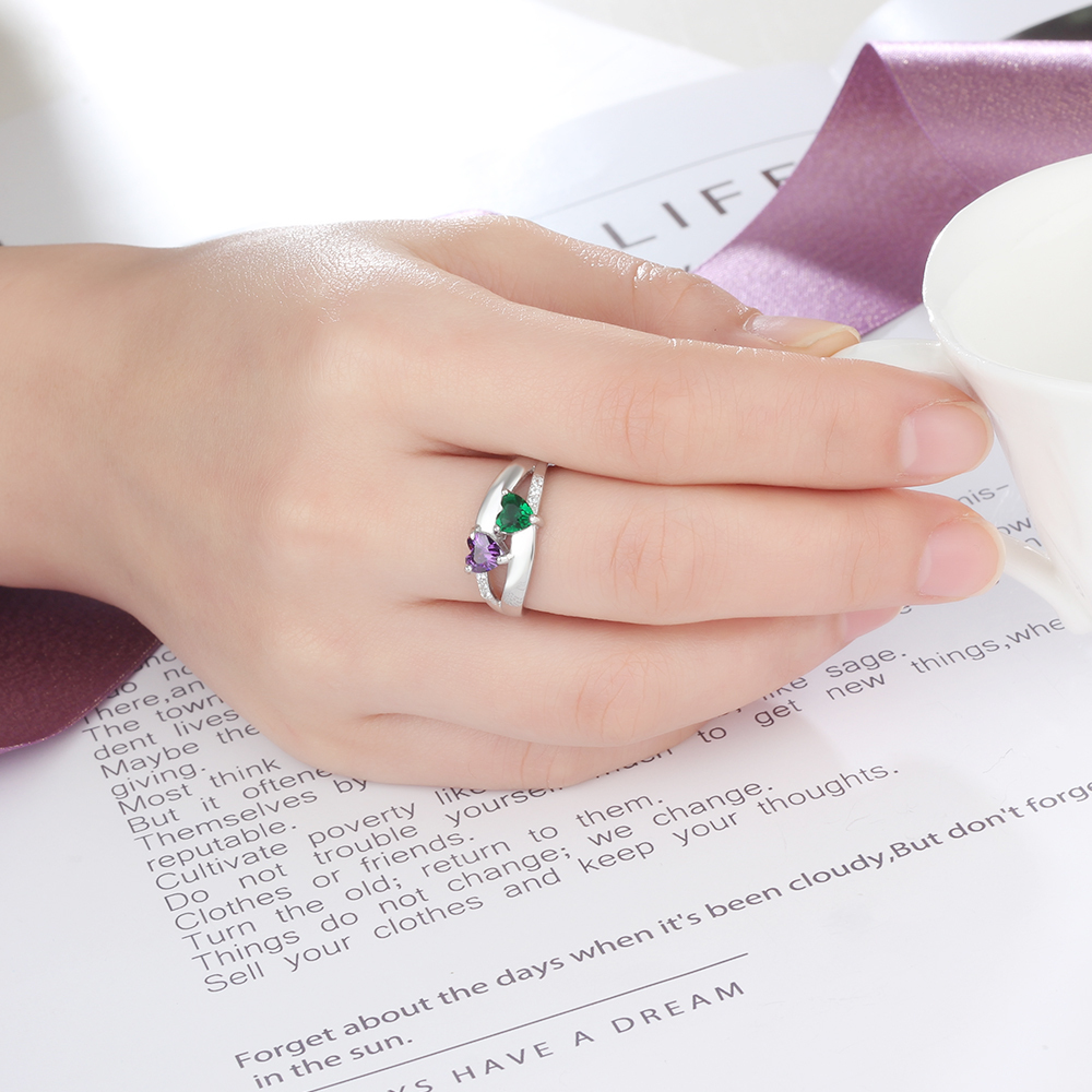 Personalised Ring With 2 Birthstones Engraved Names Ring Gift For Women-Jessemade AU