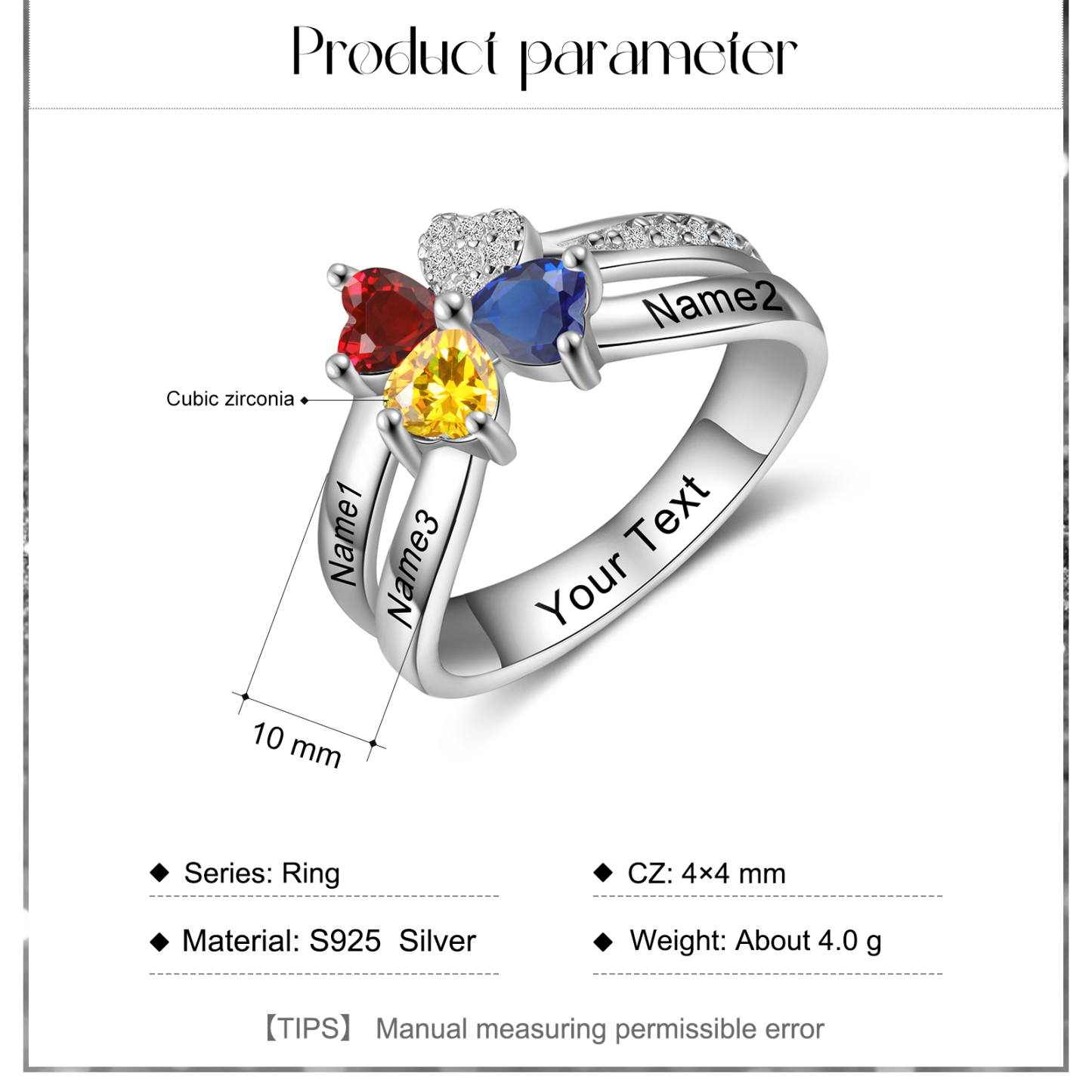 Personalised Ring With 3 Birthstones Engraved Names Ring Best Gift For Women-Jessemade AU
