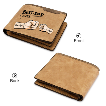 Best Dad Ever - Custom 2 Names & 1 Text Billfold Wallet Personalised Fist Bump Men's Leather Wallet