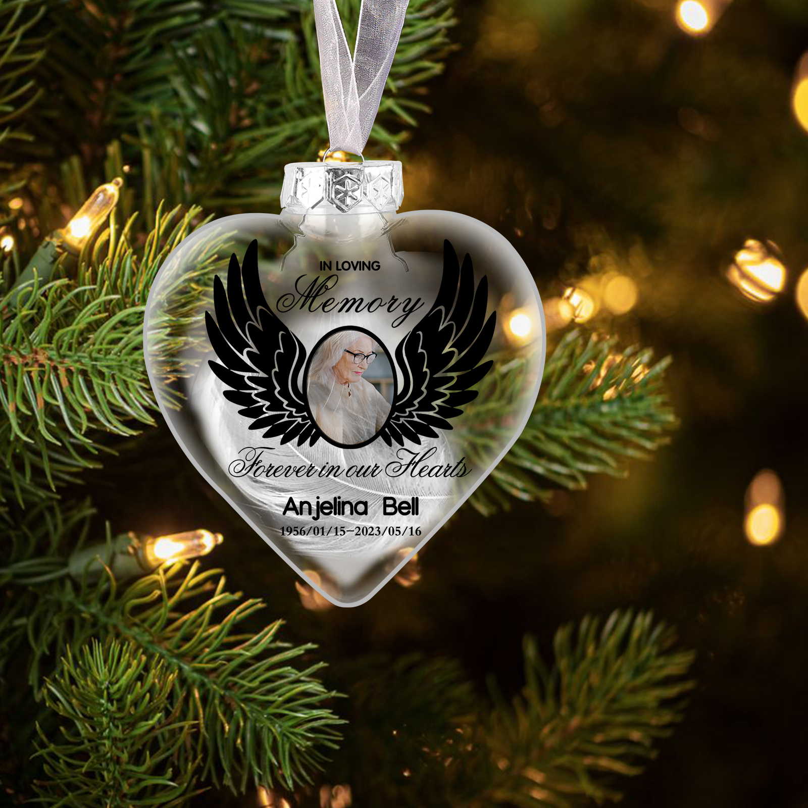 Heart Christmas Memorial Ornaments Custom Name & Date & Photo Feather Ornament Commemorate Deceased Loved Ones - Forever In Our Hearts-Jessemade AU