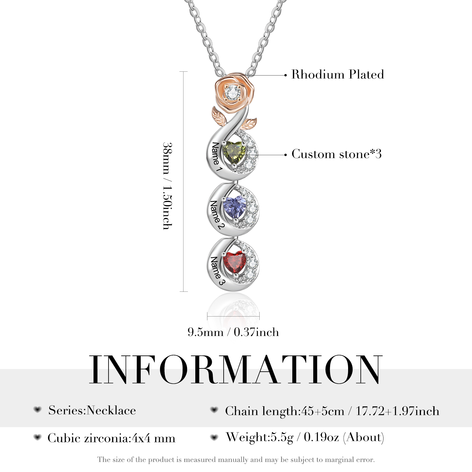 Custom Family Necklace Rose Pendant with 3 Birthstones Engraving 3 Names Gifts for Her-Jessemade AU