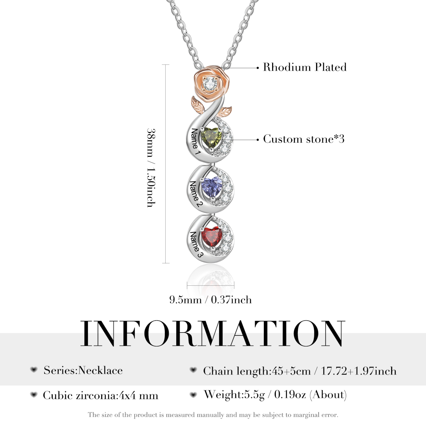 Custom Family Necklace Rose Pendant with 3 Birthstones Engraving 3 Names Gifts for Her-Jessemade AU