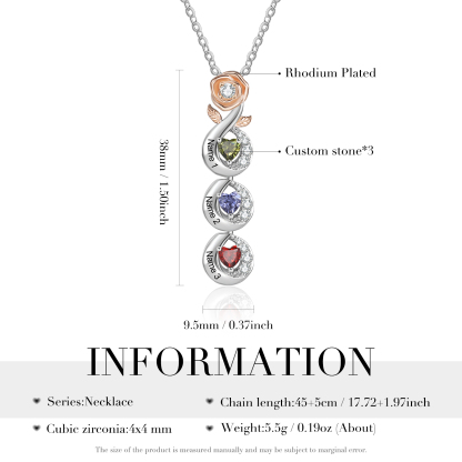 Custom Family Necklace Rose Pendant with 3 Birthstones Engraving 3 Names Gifts for Her-Jessemade AU