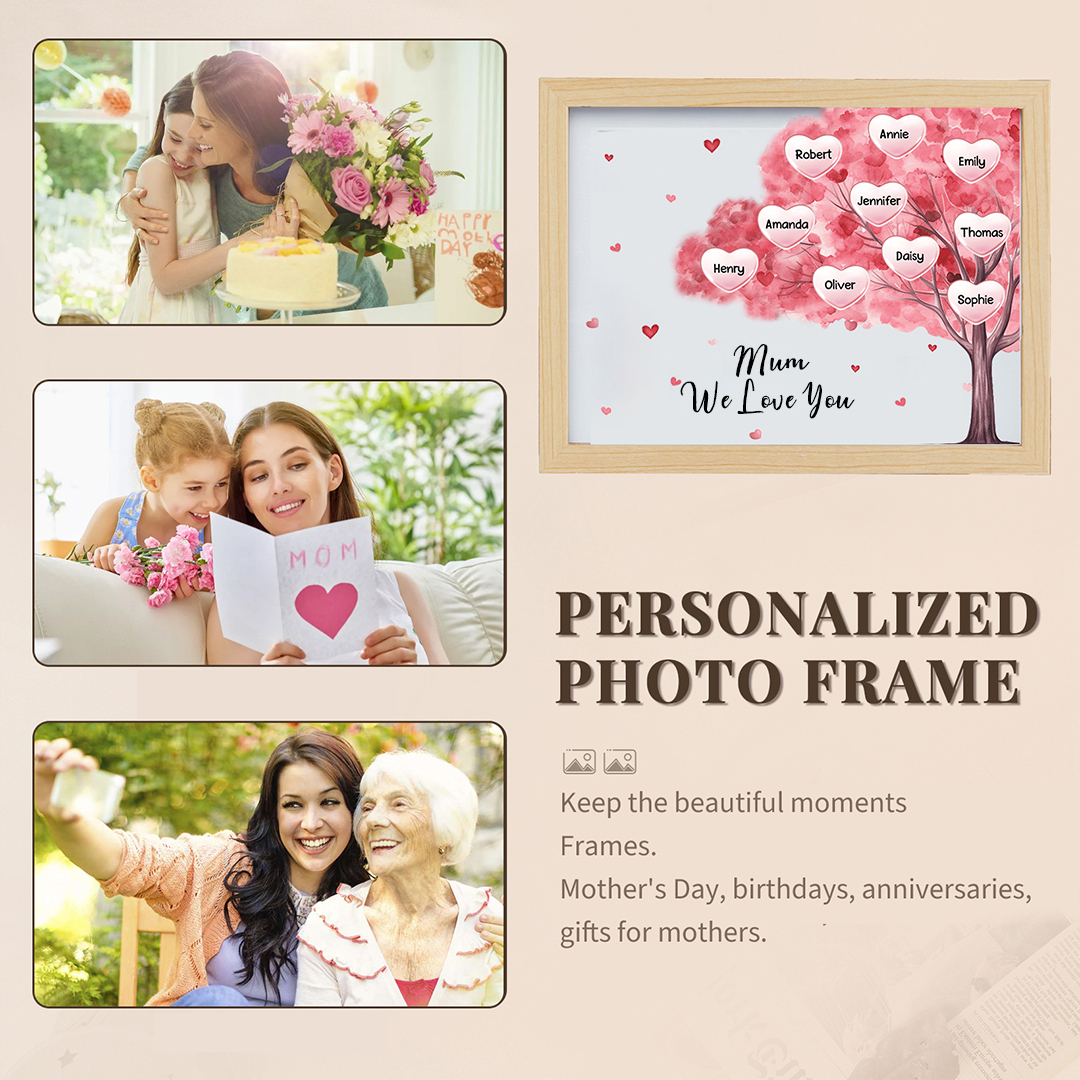 Personalised Frame Night Light Custom 1 Text & 10 Names Pink Family Tree Ornament Gifts for Mother/Grandma-Jessemade AU