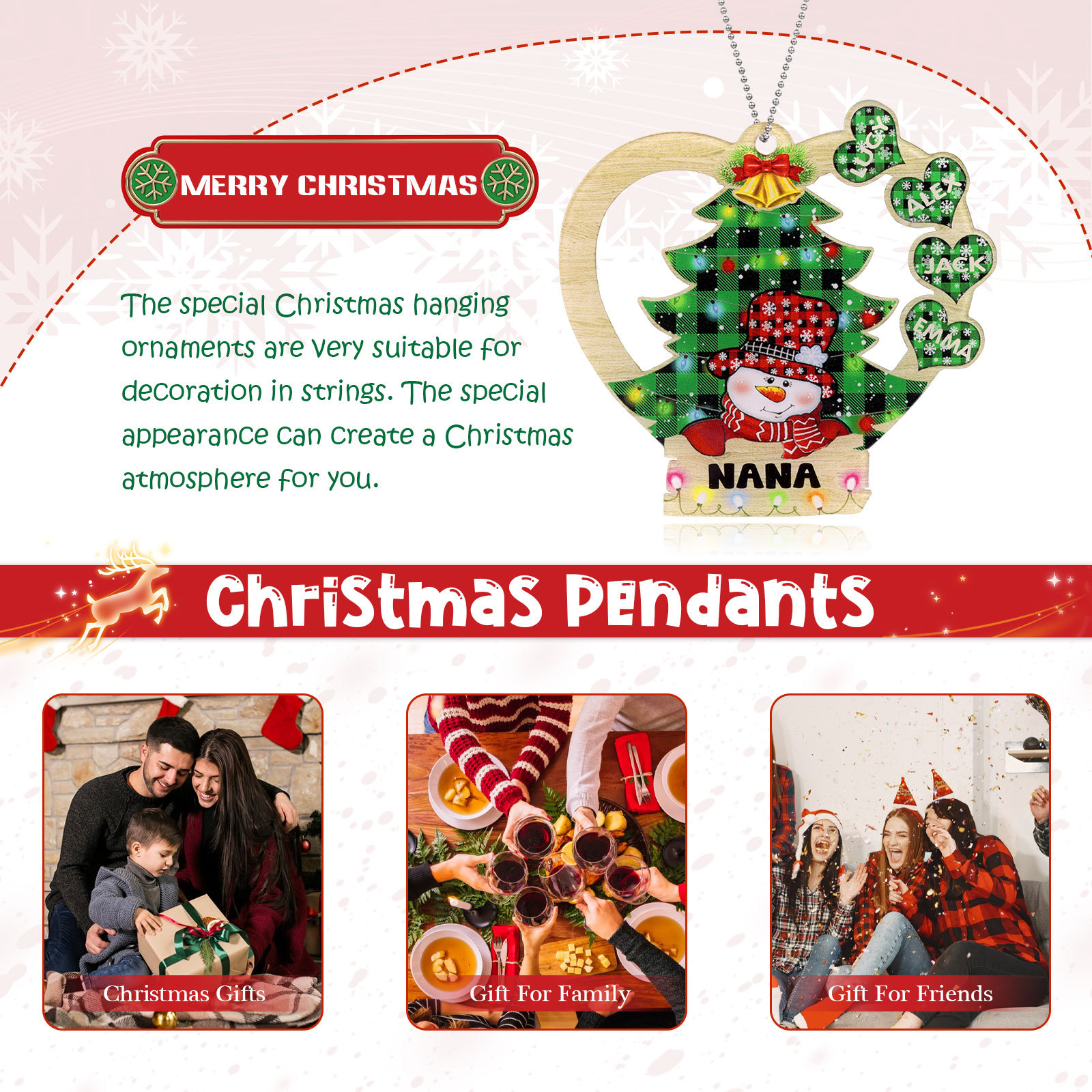 4 Names - Personalised Heart Christmas Tree Ornament Customised Name & Text Acrylic Snowman Hanging Ornaments Gift for Family-Jessemade AU