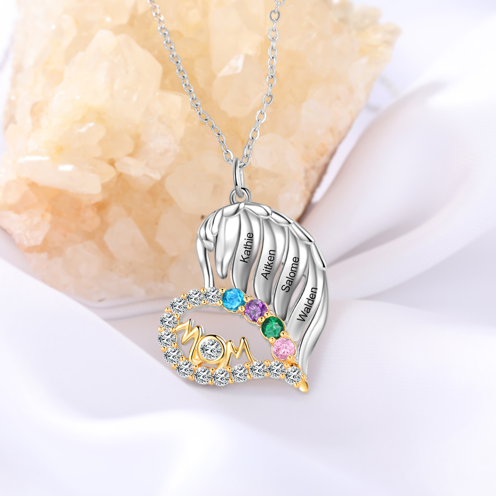Personalised Heart Necklace With 4 Birthstones Engraved Names Gift For Mother-Jessemade AU