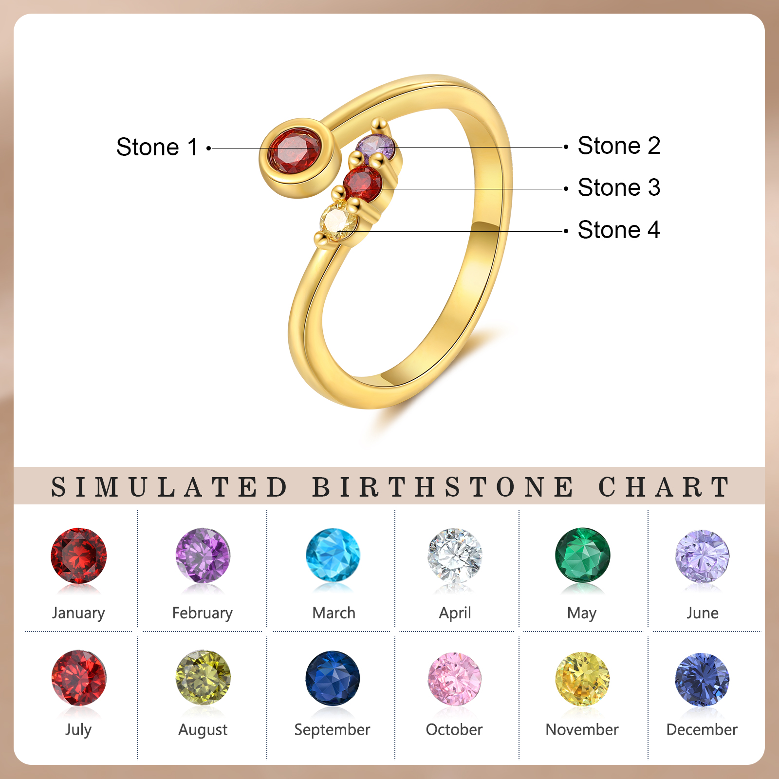 Personalised Women's Ring Custom 4 Birthstones Open Ring Birthday Gift for Ladies Girls-Jessemade AU