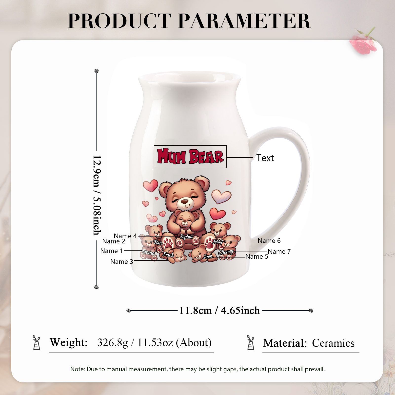 Personalised Ceramic Flower Vase Custom 2–8 Names & 1 Text Bear Family Vase Gift for Mother/Grandma-Jessemade AU