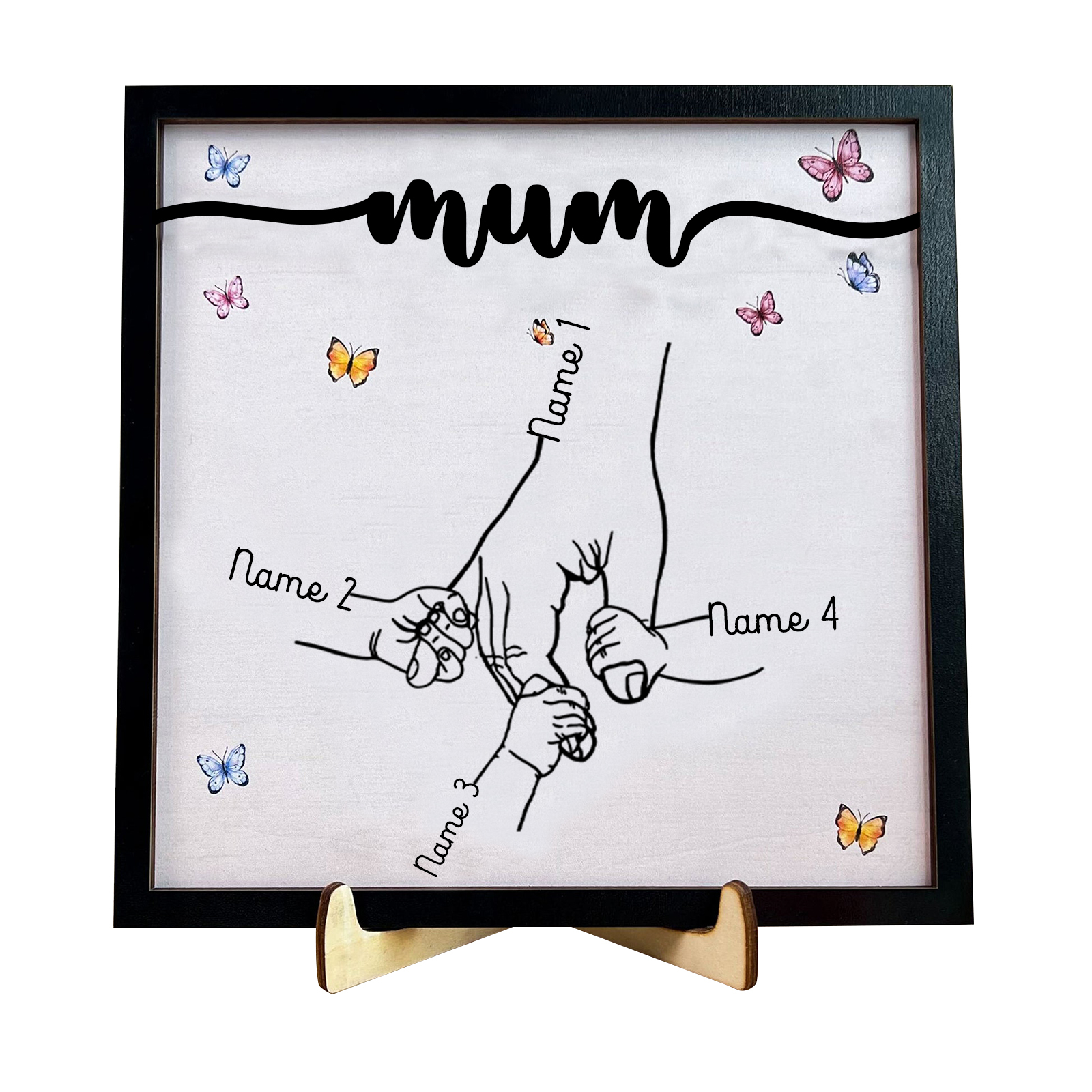 4 Names - Personalised Wooden Plaque Holding Mum's Hand Desktop Decorations Wooden Sign With Stand-Jessemade AU