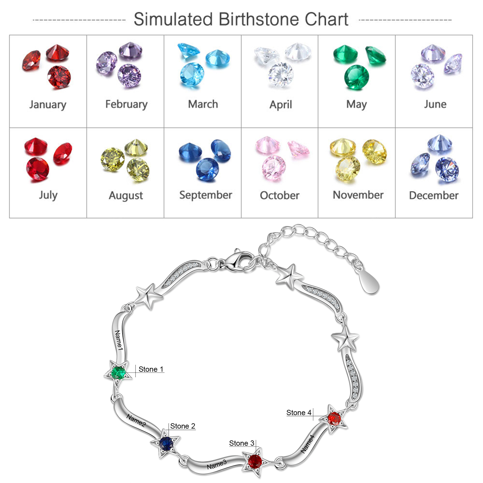 Personalised Star Bracelet With 4 Birthstones Custom Names Bracelet Gift For Women-Jessemade AU