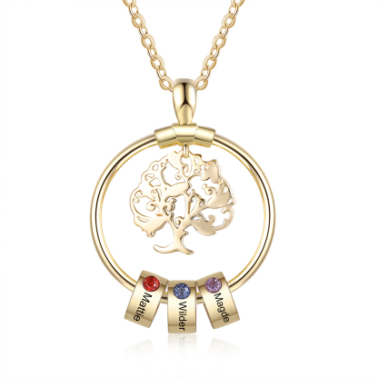 Personalised Family Tree Necklace With 3 Birthstones Engraved Names Gift For Mother-Jessemade AU