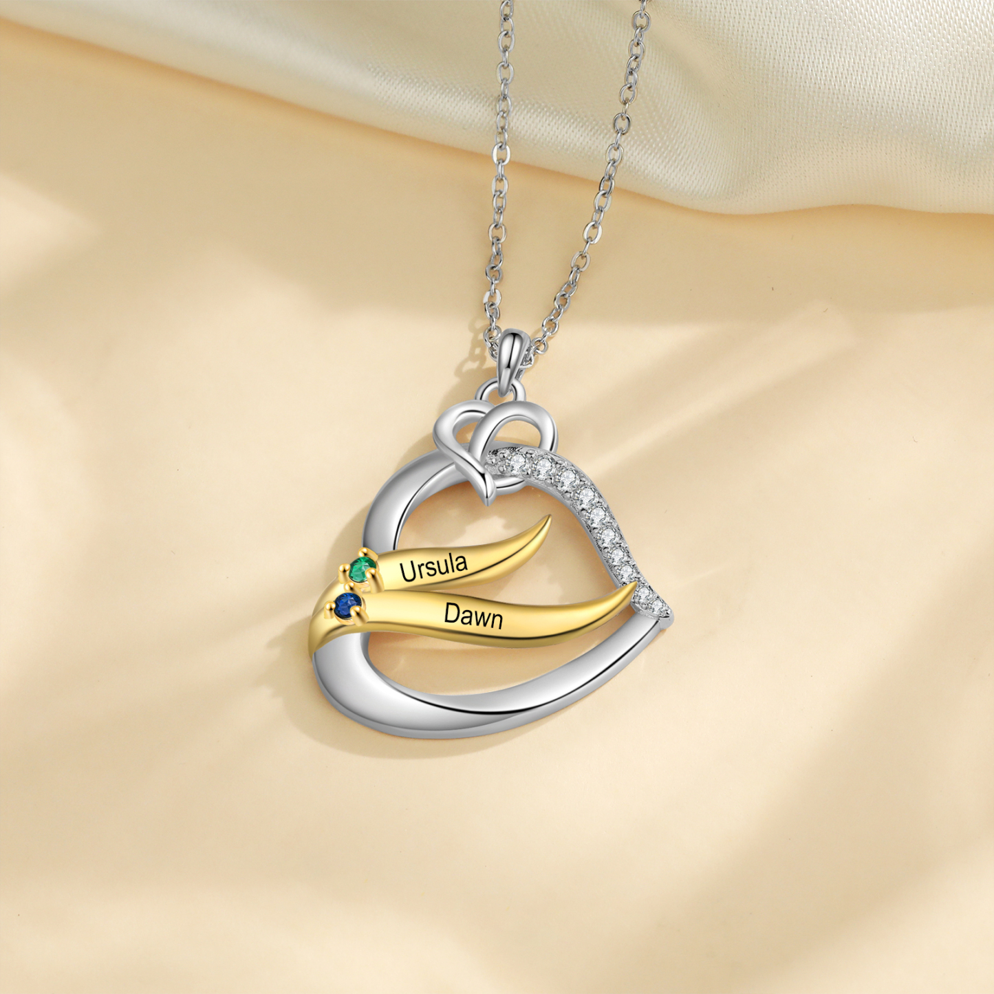 Personalised Golden Intertwined Heart Pendant Necklace Custom 2 Birthstones & 2 Names Necklace Gifts for Her-Jessemade AU