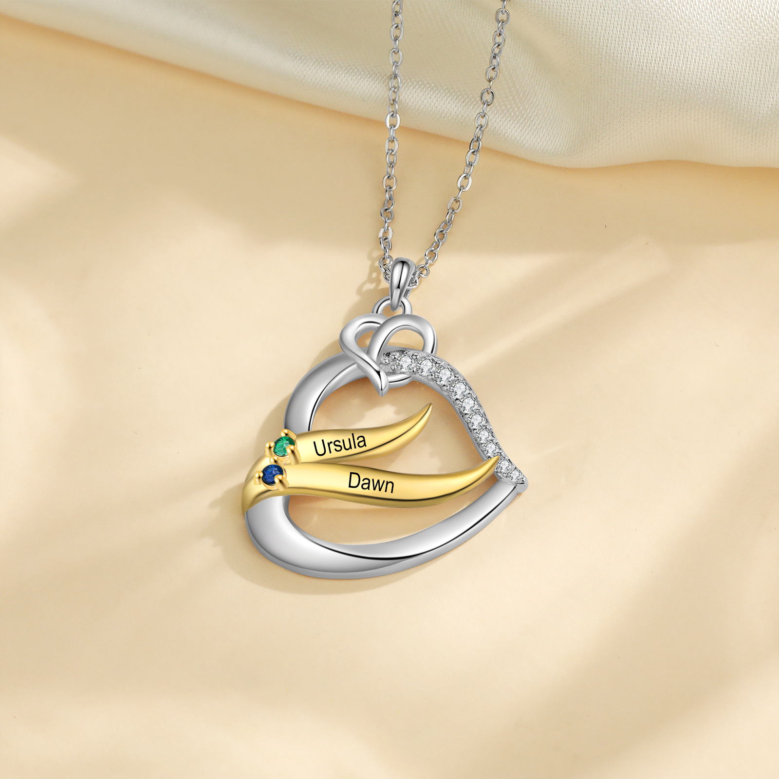 Personalised Golden Intertwined Heart Pendant Necklace Custom 2 Birthstones & 2 Names Necklace Gifts for Her-Jessemade AU