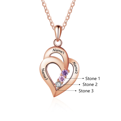 Personalised Heart Necklace With 3 Birthstones Engraved Names Gift For Her-Jessemade AU