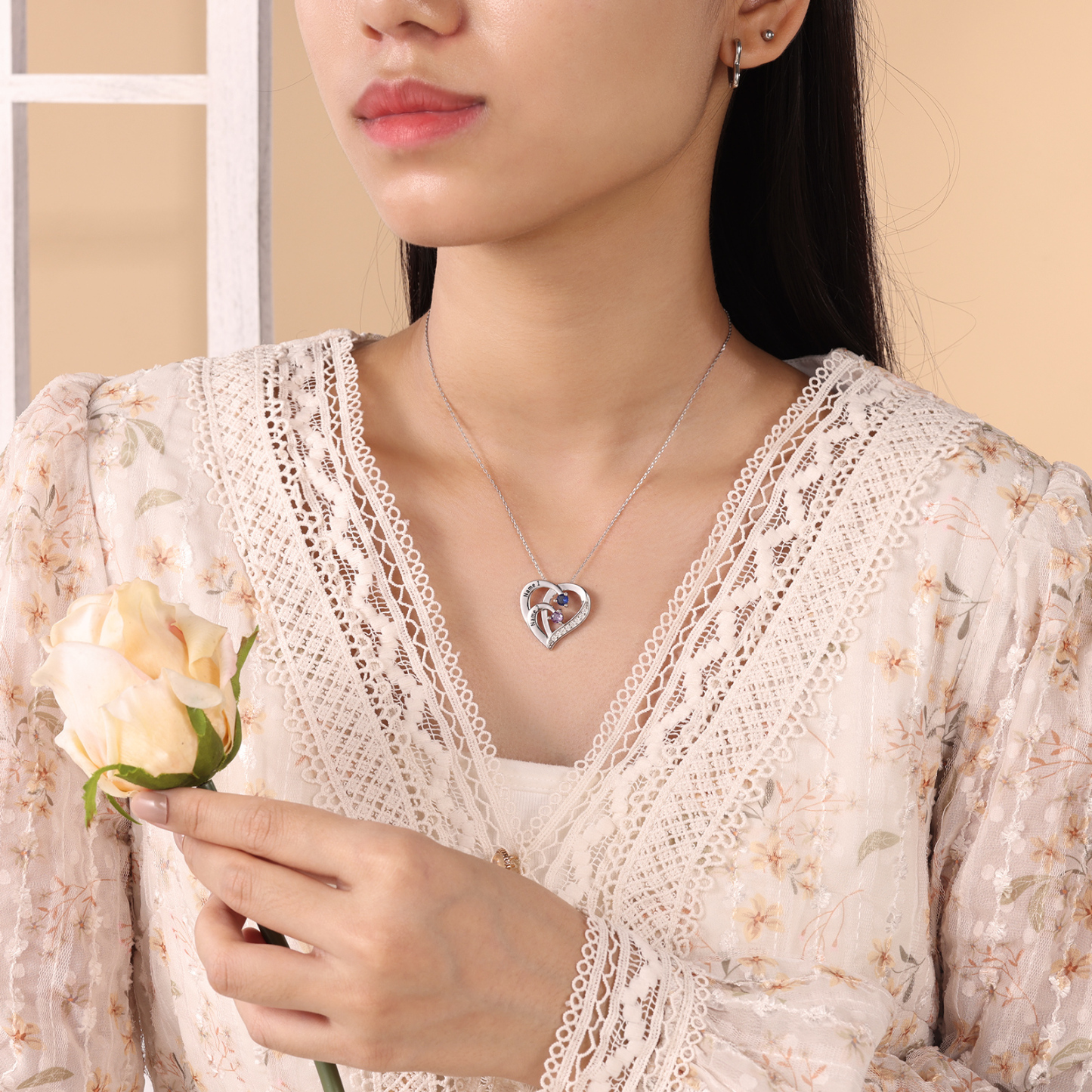 Personalised Mother Necklace Engraved 2 Names 2 Birthstone Intertwined Heart Pendant