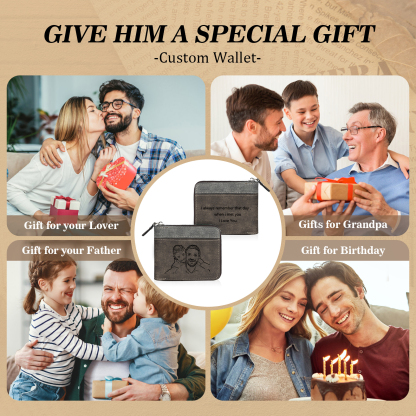 Personalised Photo & Text Billfold Wallet Custom Men's Leather Wallet Zipper Gift for Him-Jessemade AU