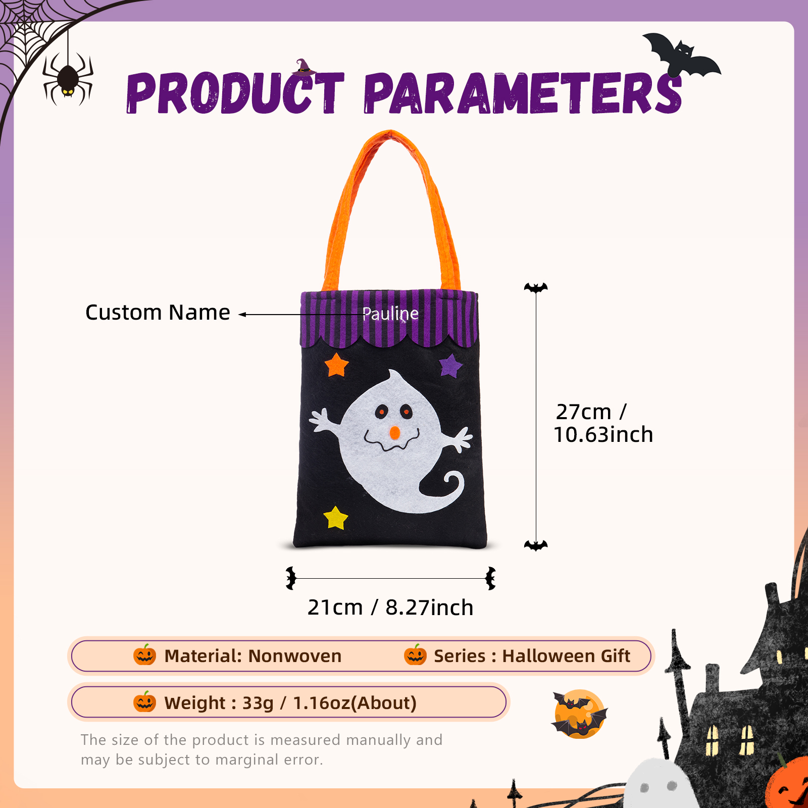 Personalised Halloween Tote Bags Custom 1 Name Tote Bag Halloween Candy Bag for Kids-Jessemade AU