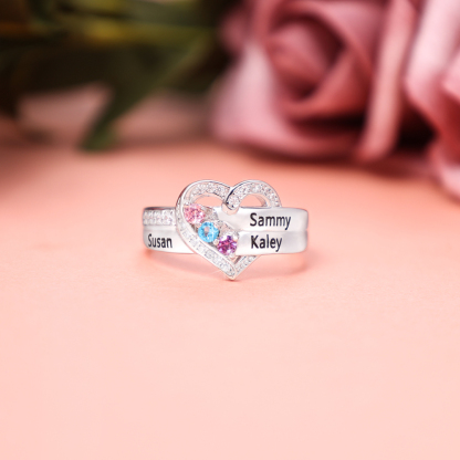 S925 Silver Personalised Mother Ring with 3 Birthstones Heart Family Ring-Jessemade AU