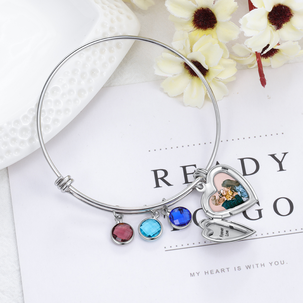 Personalised Heart Photo Locket Bracelet With Birthstones Custom Photo Bracelet Gifts For Her-Jessemade AU