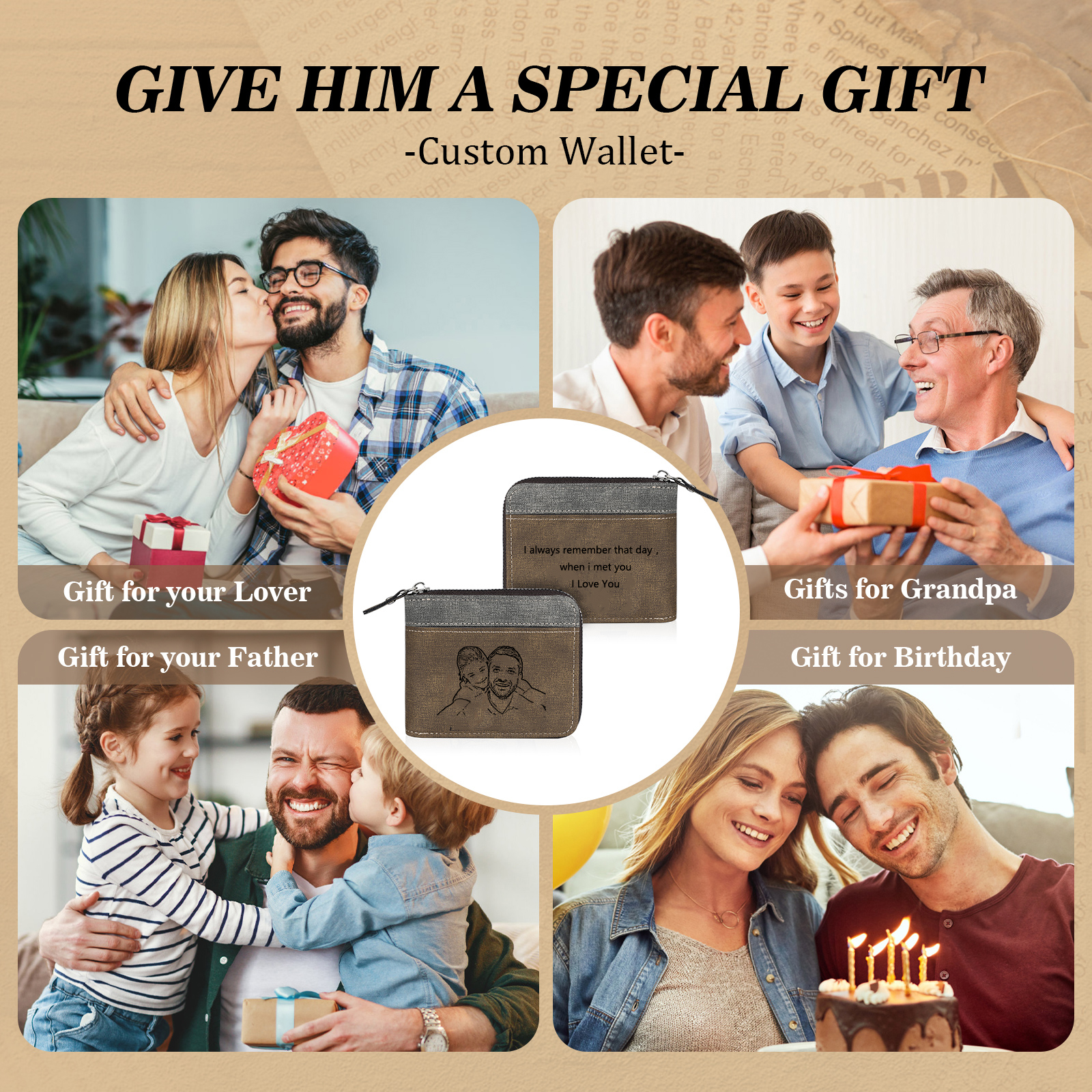 Personalised Photo & Text Billfold Wallet Custom Men's Leather Wallet Zipper Gift for Him-Jessemade AU