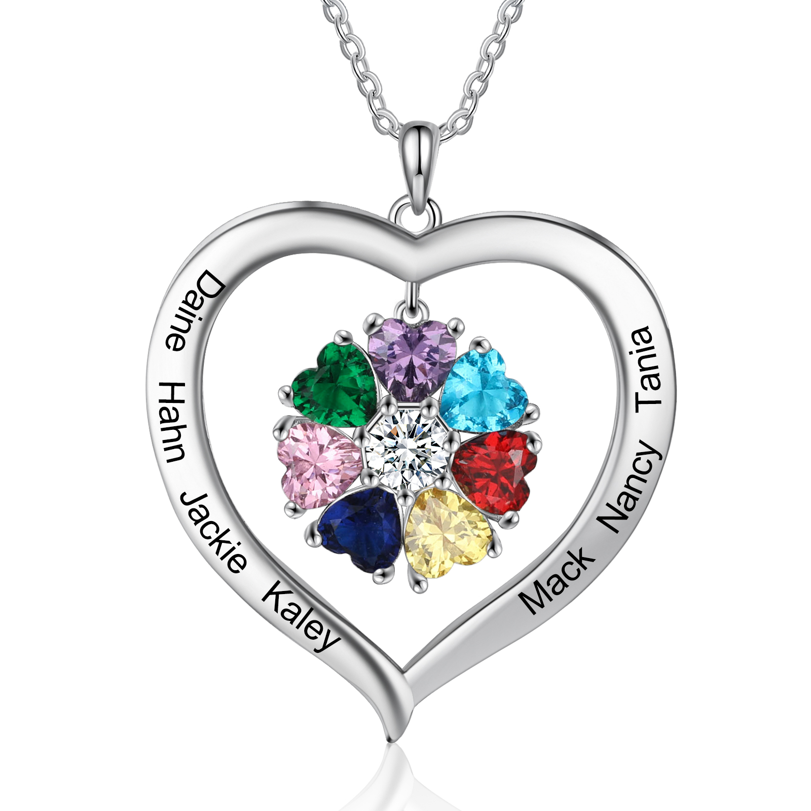 Personalised Heart Necklace with 7 Birthstones Engraved Names Family Necklace Gifts for Her-Jessemade AU