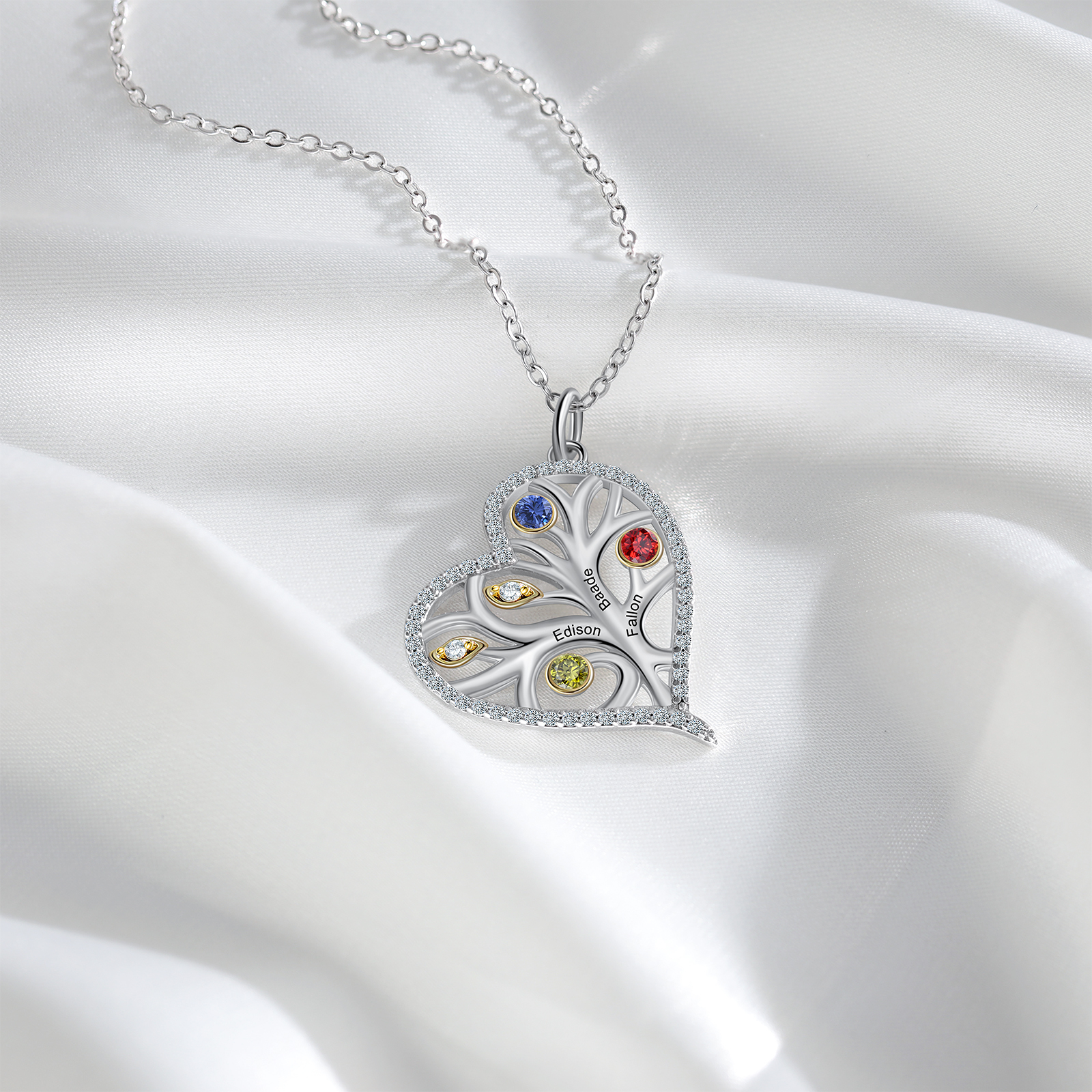 Personalised Family Tree Necklace With 3 Birthstones Custom Names Best Gift For Mother-Jessemade AU
