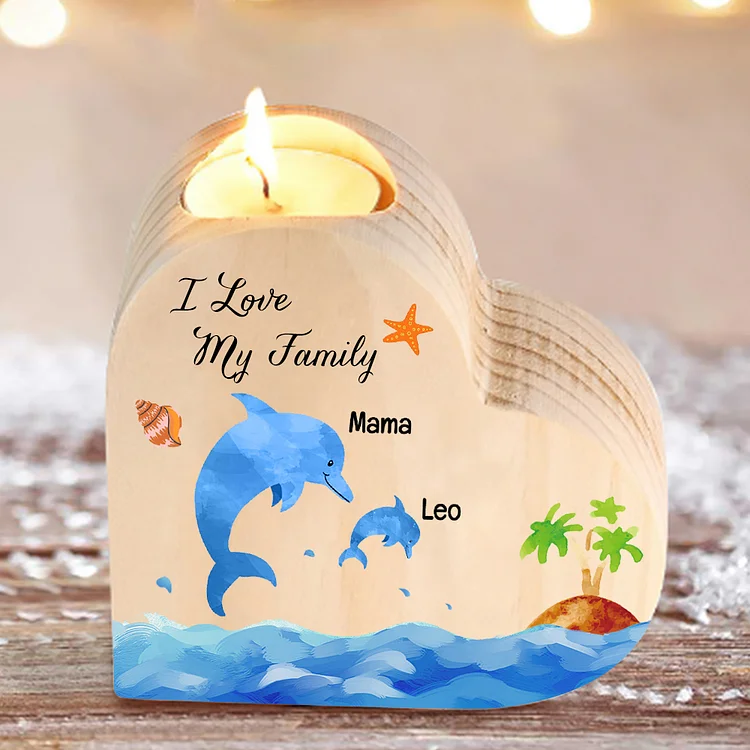 Family Dolphin Heart Candle Holder Personalised Wooden Candlestick Custom 2 Names-Jessemade AU