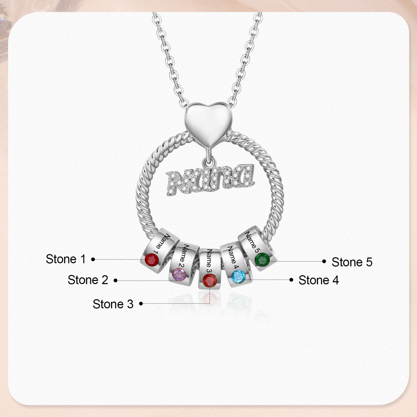 5 Names - Personalised Nana Necklace Custom Names & Birthstones Circle Pendant Necklace Gift for Grandma Nana-Jessemade AU