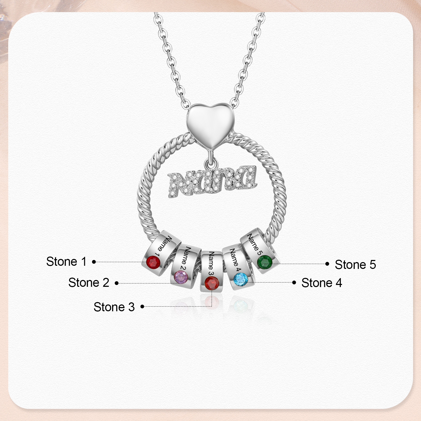 5 Names - Personalised Nana Necklace Custom Names & Birthstones Circle Pendant Necklace Gift for Grandma Nana-Jessemade AU