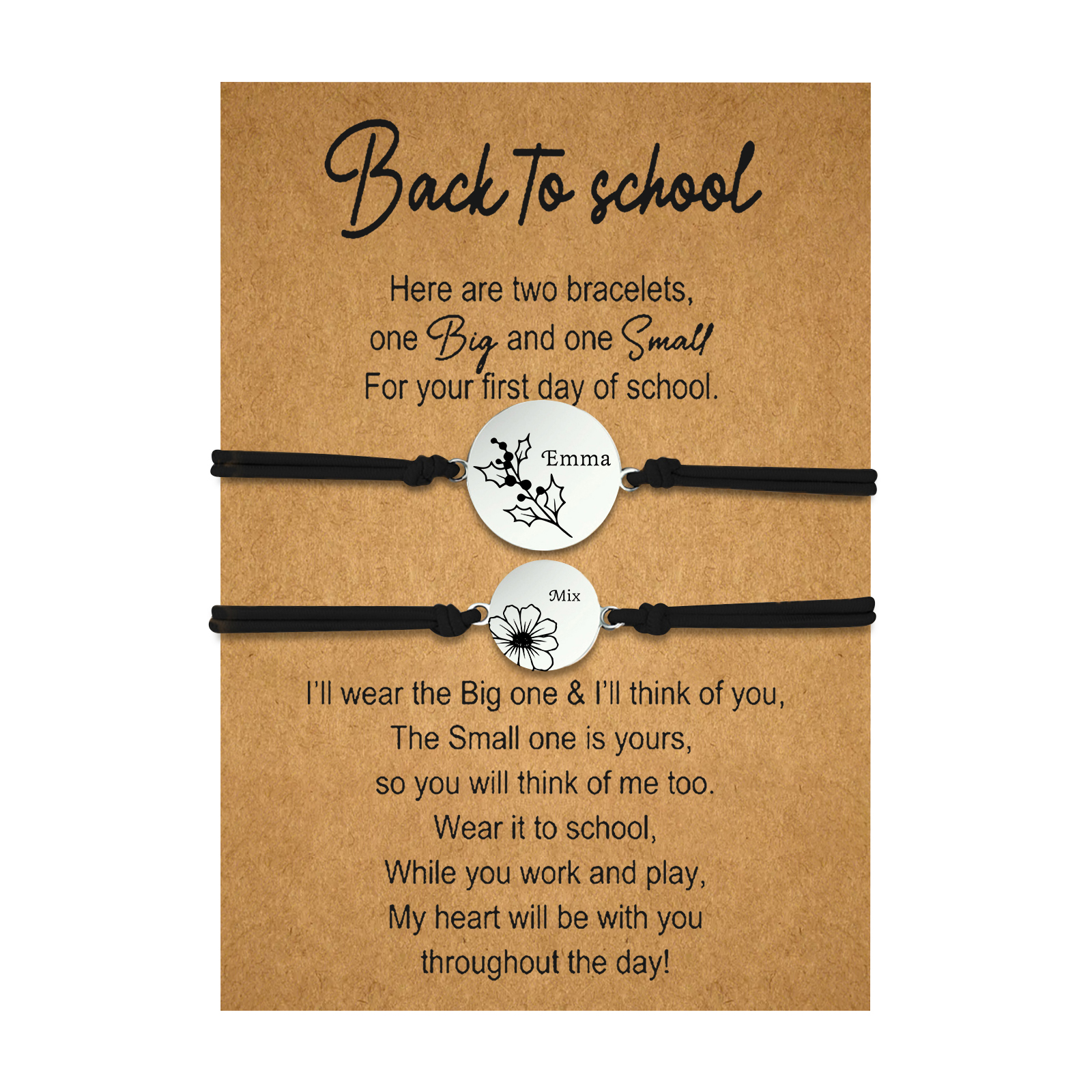 2 Pcs Bracelet Set Personalised Names & Birth Flowers Adjustable Bracelets with Message Card Back to School Gifts for Daughters-Jessemade AU