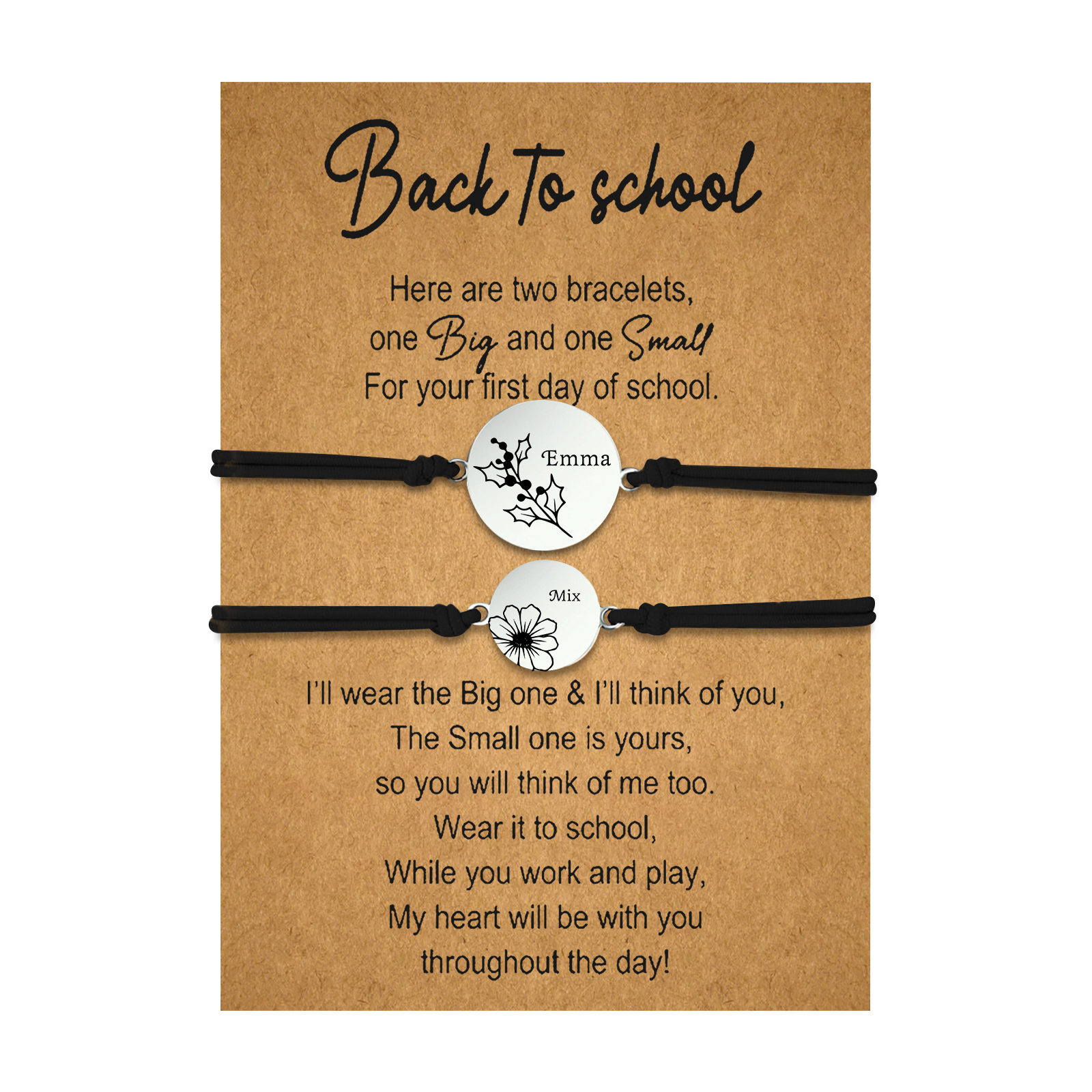 2 Pcs Bracelet Set Personalised Names & Birth Flowers Adjustable Bracelets with Message Card Back to School Gifts for Daughters-Jessemade AU