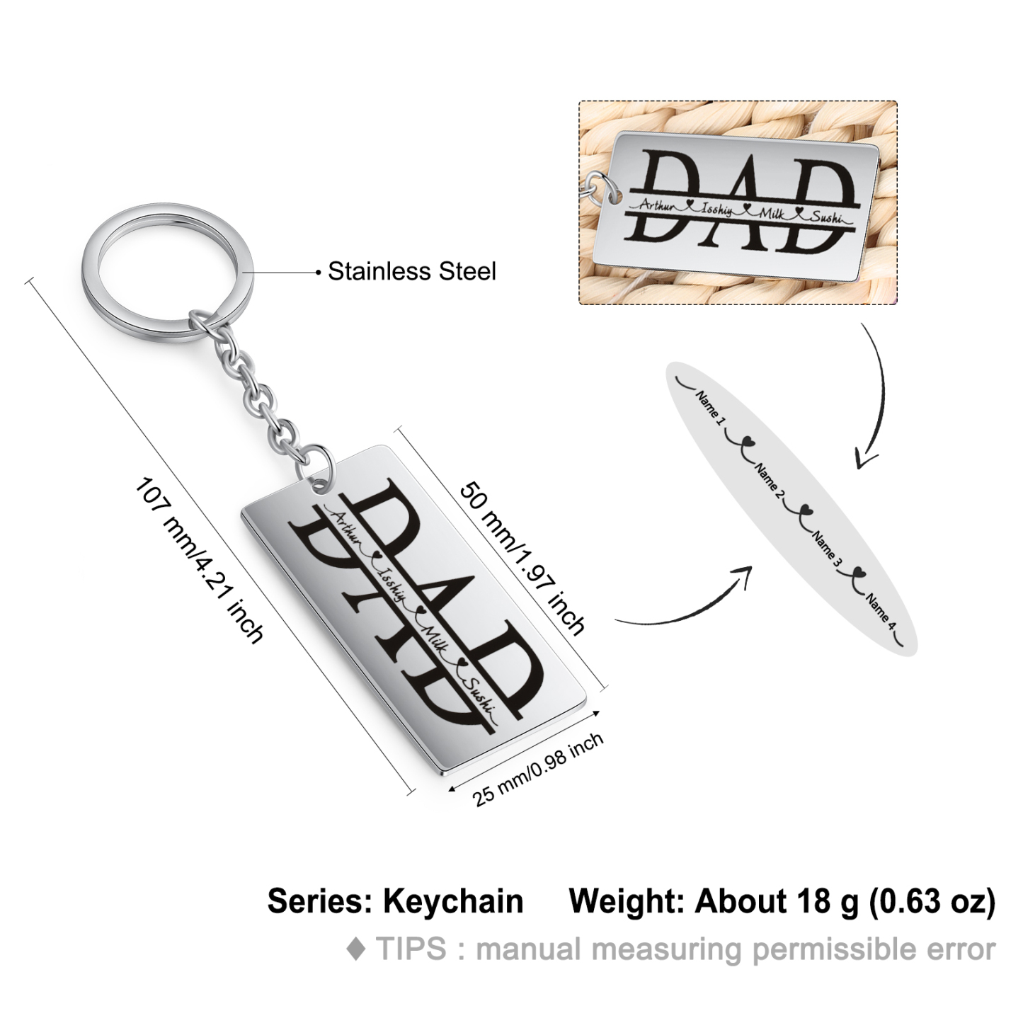 Personalised Keychain Engraved 4 Names Keychain Gifts For Father-Jessemade AU