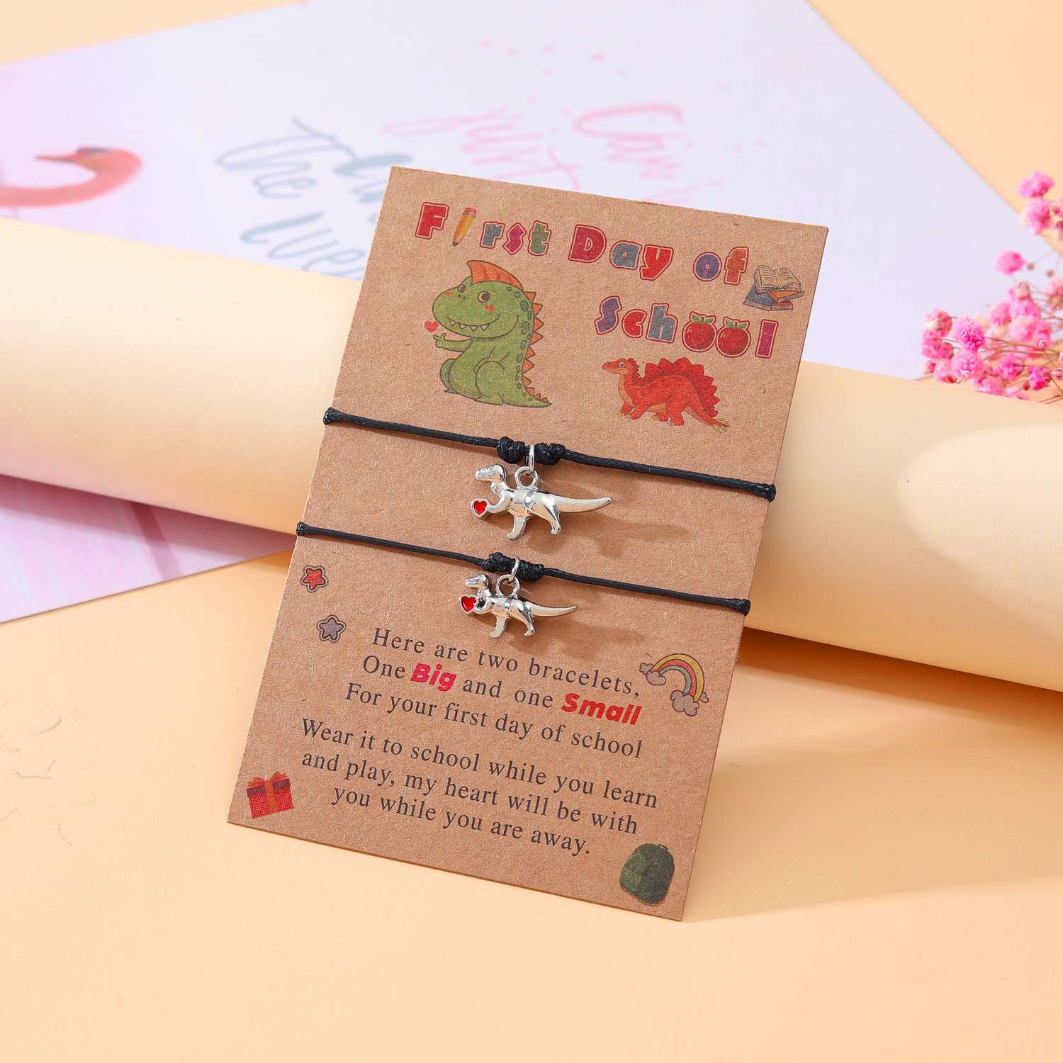 2 Pcs Dinosaur Bracelet Set First Day of School Gift with Cartoon Gift Cards for Mom Kids-Jessemade AU