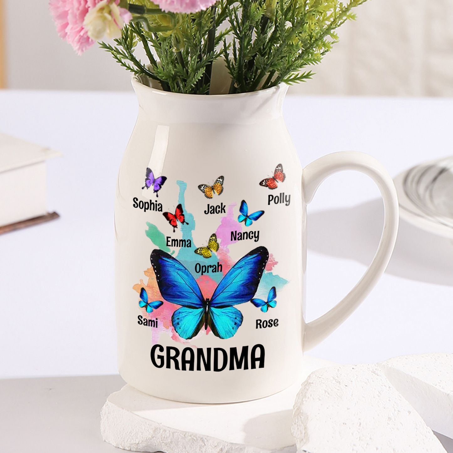 Personalised Ceramic Flower Vase Custom 2–8 Names & 1 Text Colourful Butterfly Vase Gift for Mother/Grandma-Jessemade AU