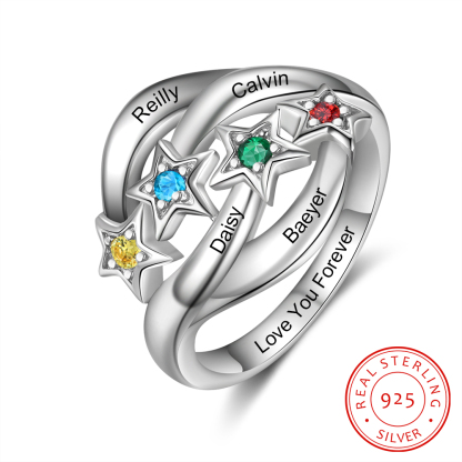 Personalised Star Ring With 4 Birthstones Engraved Names Ring Gift For Women-Jessemade AU