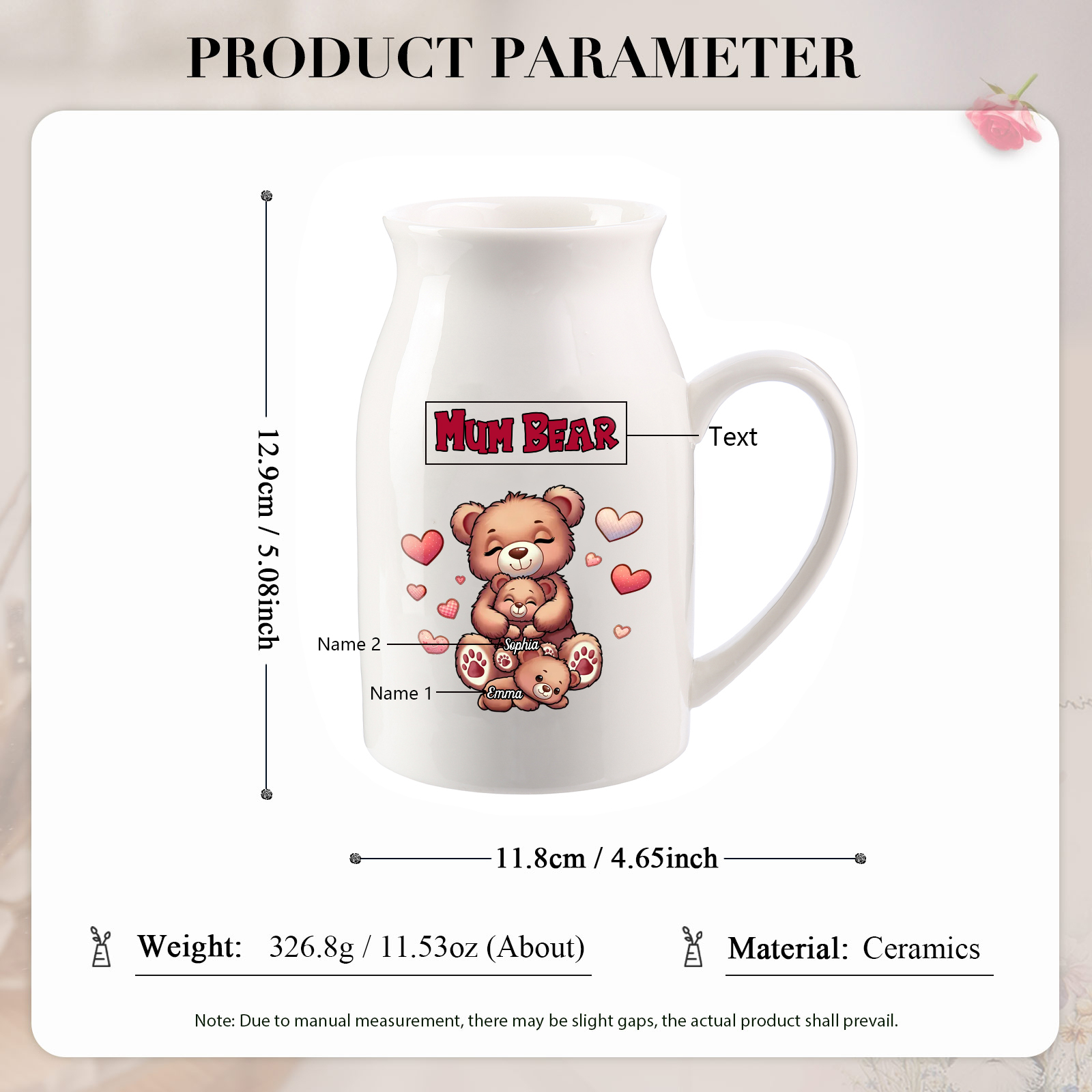 Personalised Ceramic Flower Vase Custom 2–8 Names & 1 Text Bear Family Vase Gift for Mother/Grandma-Jessemade AU