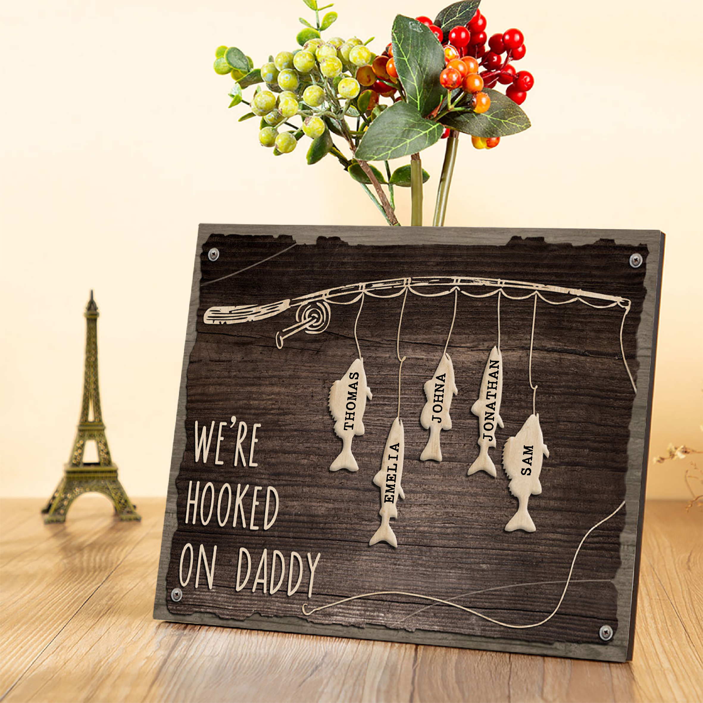 Father's Day Gifts Wood Signs Engrave 5 Names Frame Keepsake -We've Hooked On Daddy-Jessemade AU